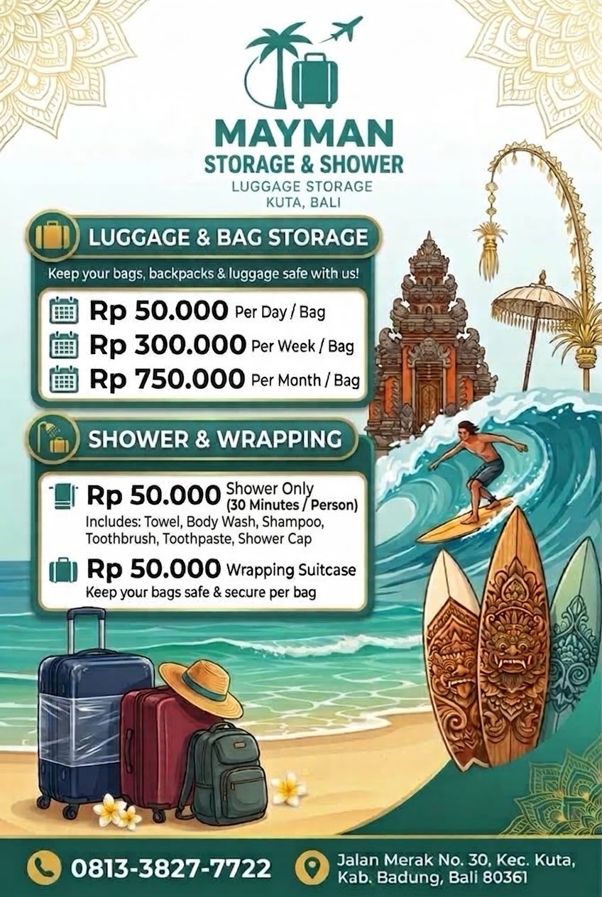 Mayman Storage Kuta Bali luggage storage prices, shower and suitcase wrapping